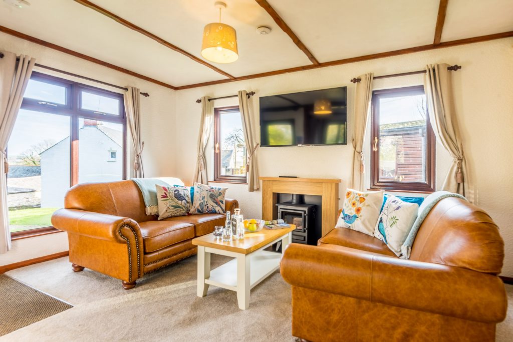Beech Lodge at St. Tinney Farm Holidays in Cornwall - Lounge area with free WiFi and 50 inch smart TV