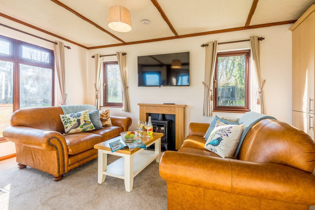Birch Lodge at St. Tinney Farm Holidays in Cornwall - Lounge area with free WiFi and 50 inch smart TV