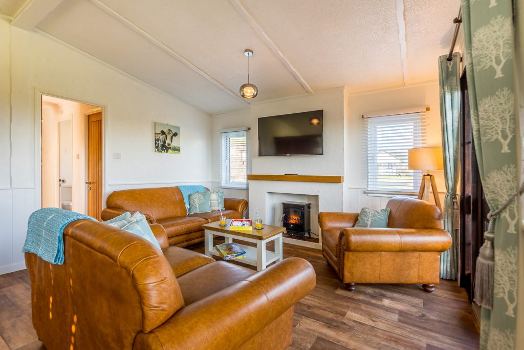 Maple Lodge at St. Tinney Farm Holidays in Cornwall - Lounge area with free WiFi and 50 inch smart TV
