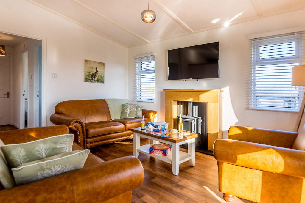 Rowan Lodge at St. Tinney Farm Holidays in Cornwall - Lounge area with free WiFi and 50 inch smart TV